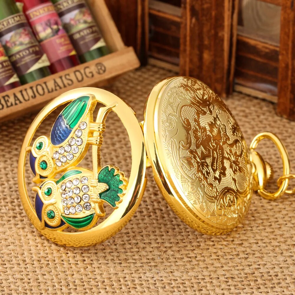 Owl Golden Quartz Pocket Watch