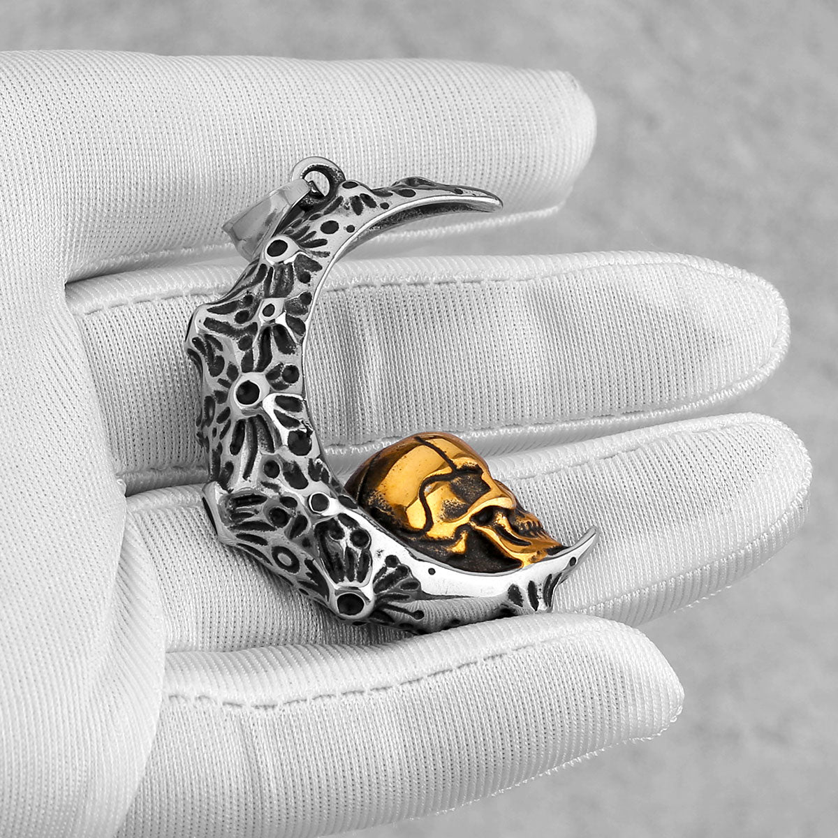 Gothic Gold Skull On The Moon Necklace