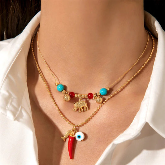 Elephant Chili Pendant Necklace Vintage Blue