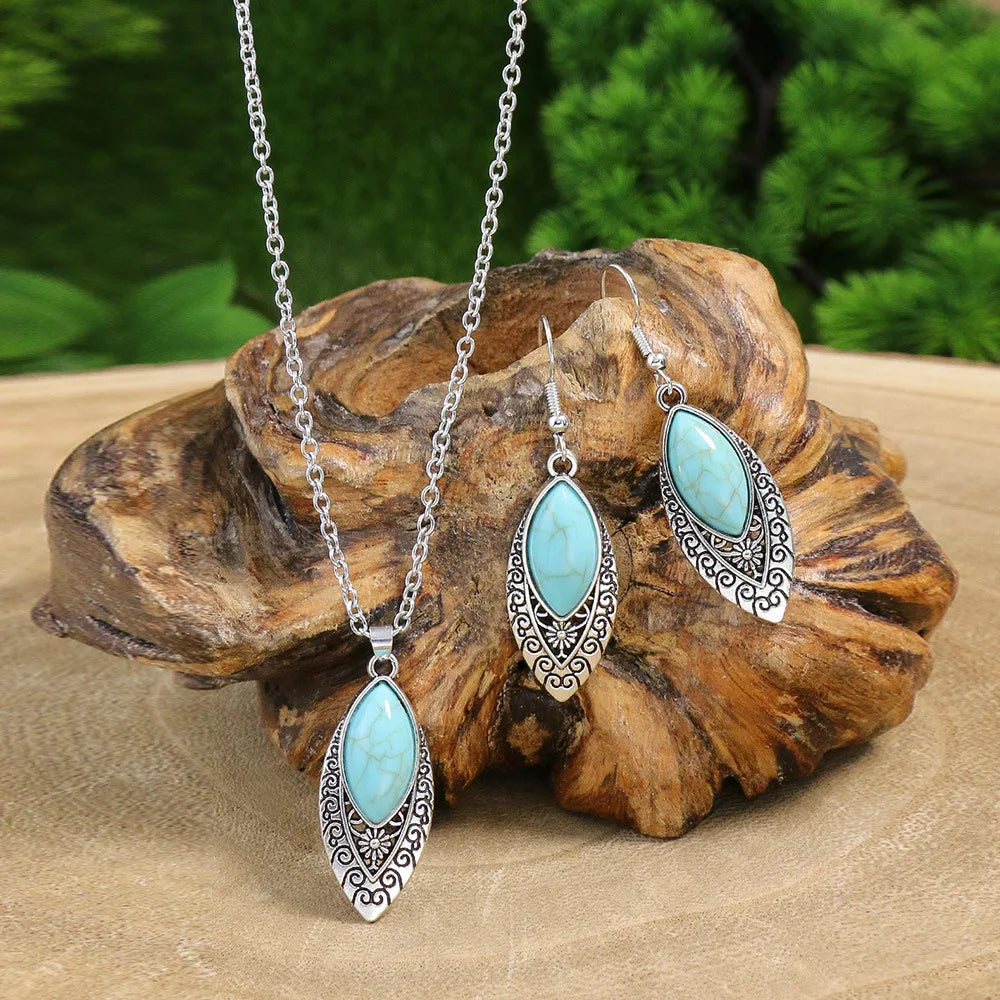 Native Turquoise Necklace Earring Silver Plated Carved