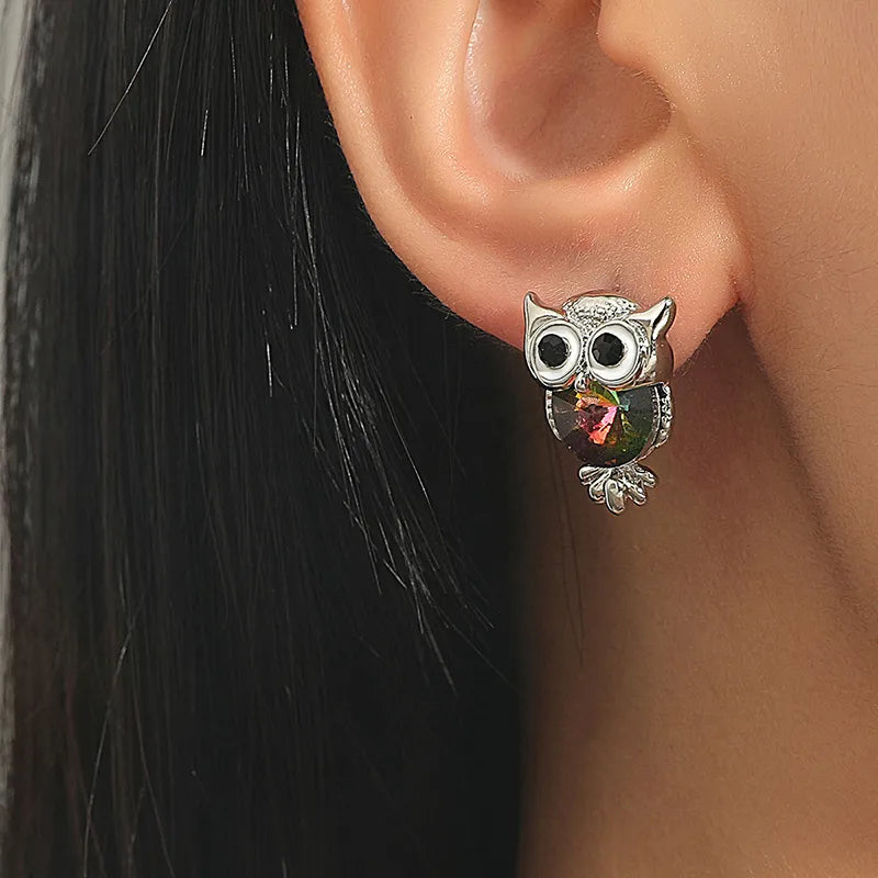 Owl Stud Earrings Silver Crystal Rhinestone