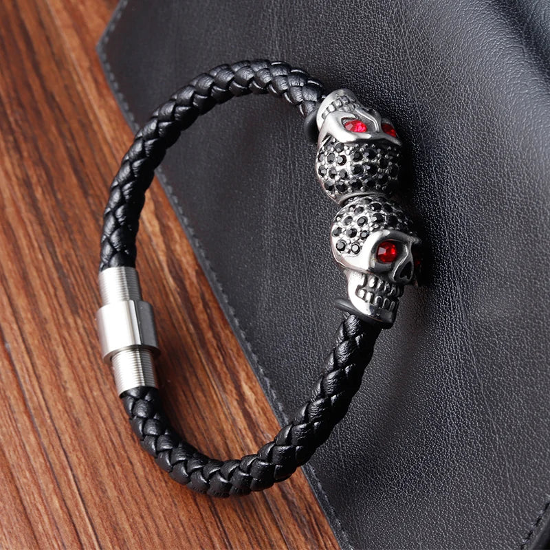 Skull Bracelet Stainless Steel Black Leather