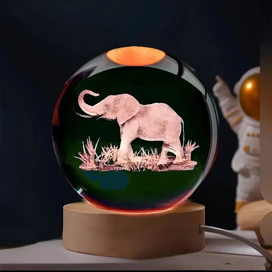 Elephant 3D Laser Carved Crystal Ball With LED Color Lamp Holder
