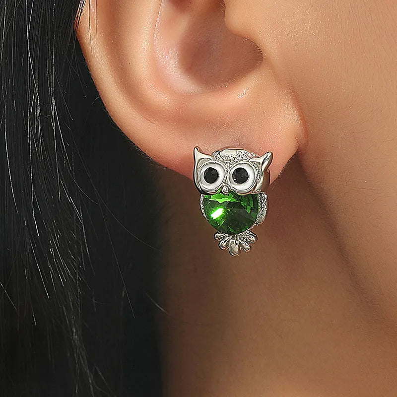 Owl Stud Earrings Silver Crystal Rhinestone