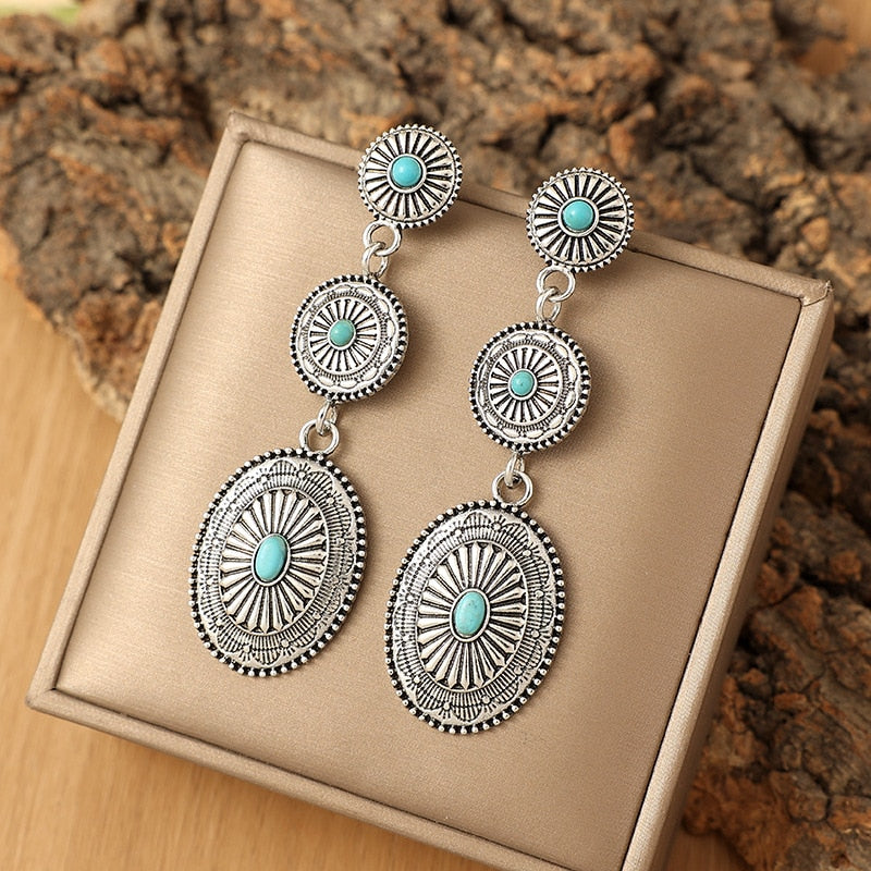 Native Stamped Long Earrings with Turquoise Stone Accent