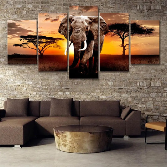 Elephant Sunset Grassland Canvas Painting Prints 5 Piece