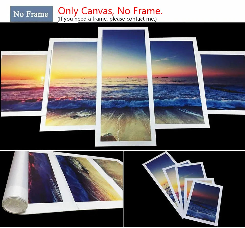 Elephant Sunset Grassland Canvas Painting Prints 5 Piece