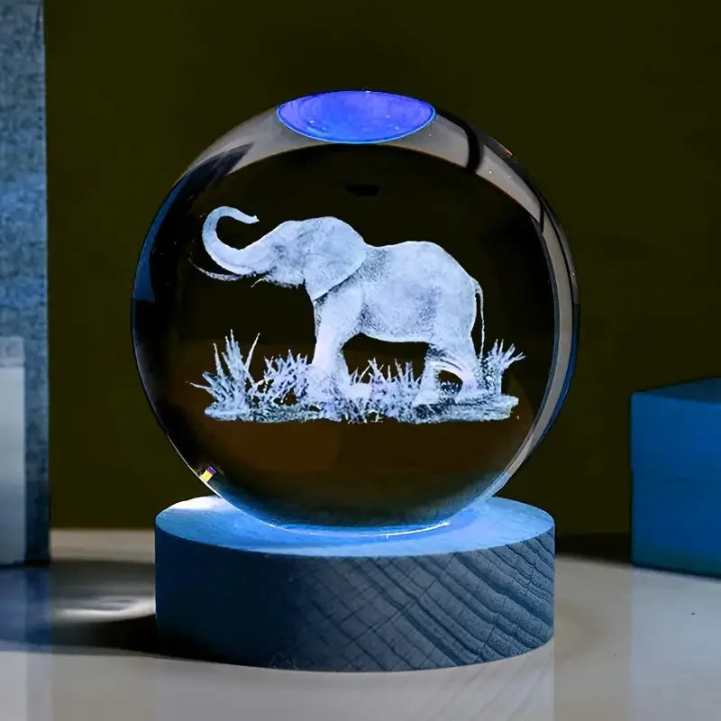 Elephant 3D Laser Carved Crystal Ball With LED Color Lamp Holder