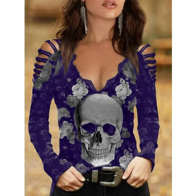 Skull T-Shirt V-Neck Off Shoulder Printed