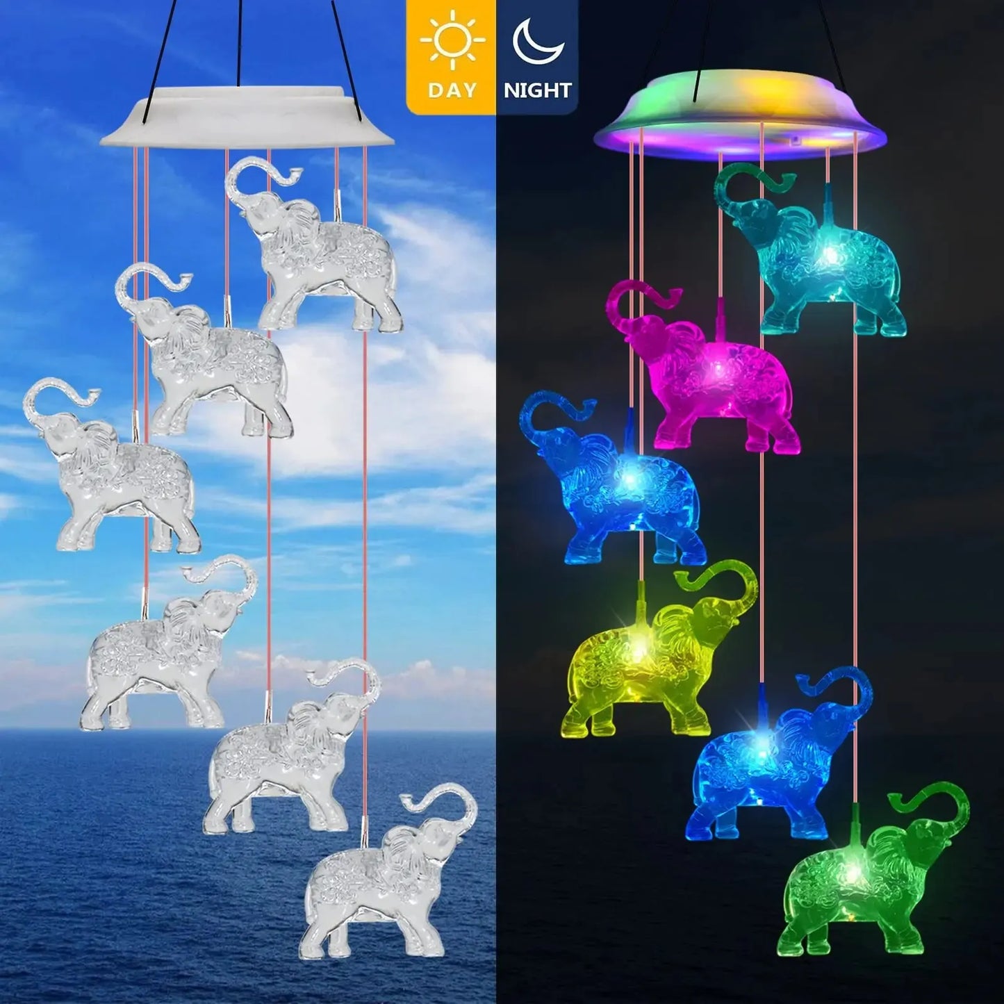 Elephant Wind Chimes Outdoor Solar Waterproof LED