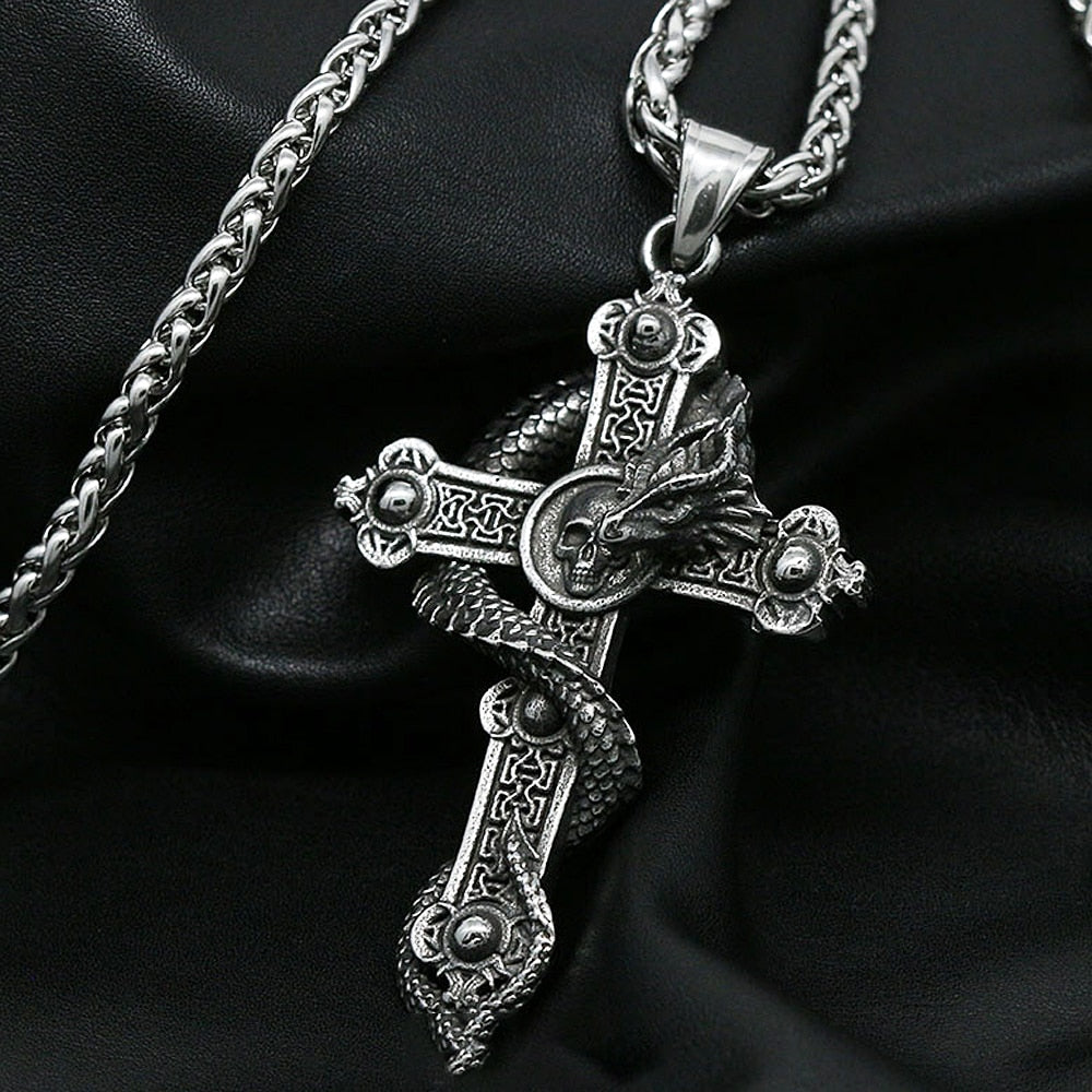 Skull And Dragon Cross Pendant Necklace