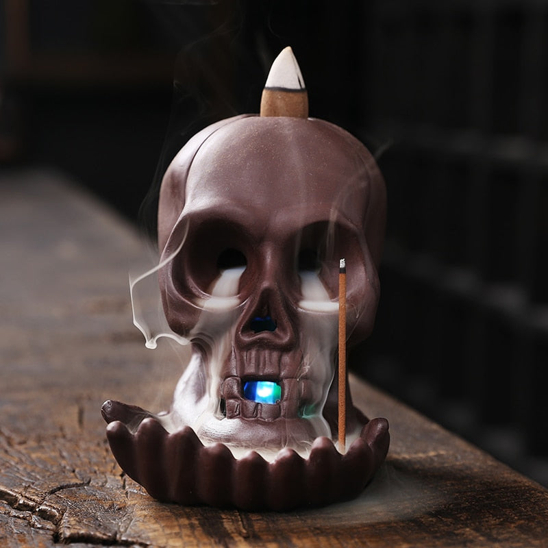 Handmade Purple Clay LED Light Skull Backflow Incense Burner