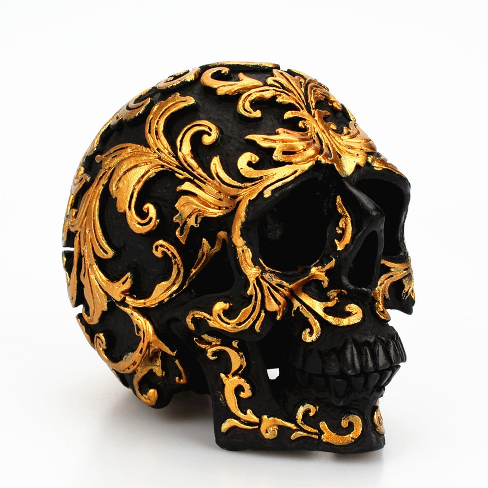 Resin Black Skull Head Golden Carving Statue Home Decoration