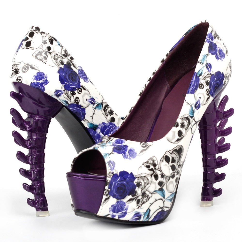 Purple Skull Rose Platform Bone Heel Club Pumps