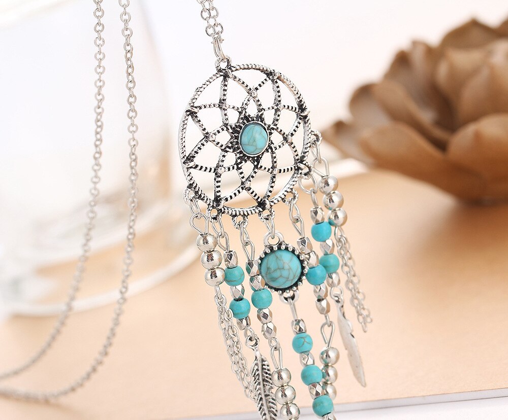 Turquoise Feather Native Dream Catcher Necklace