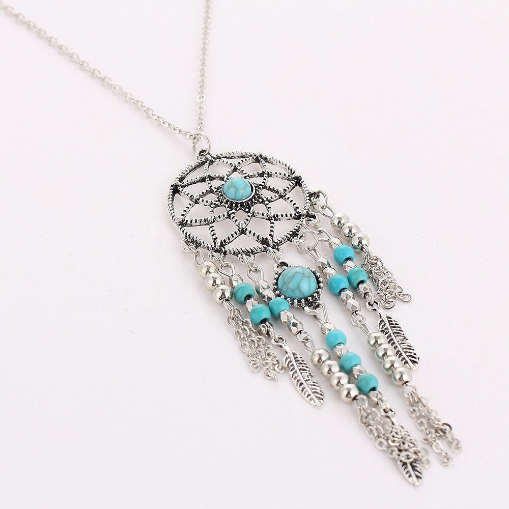 Turquoise Feather Native Dream Catcher Necklace