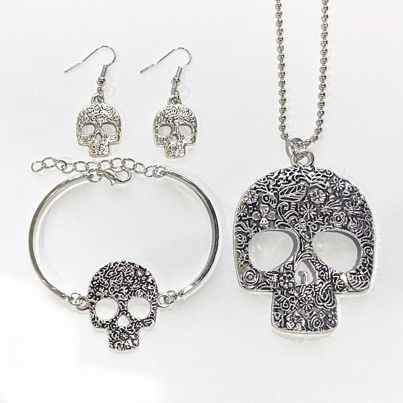 Combo Necklace + Bracelet + Earrings Skull Set