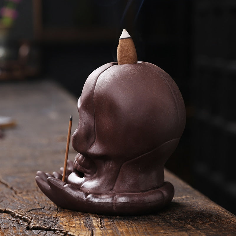 Handmade Purple Clay LED Light Skull Backflow Incense Burner