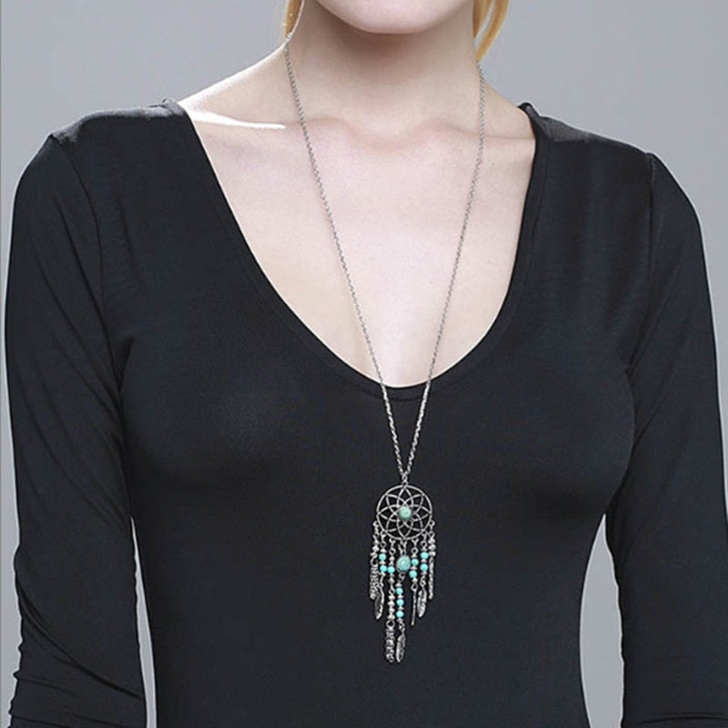 Turquoise Feather Native Dream Catcher Necklace