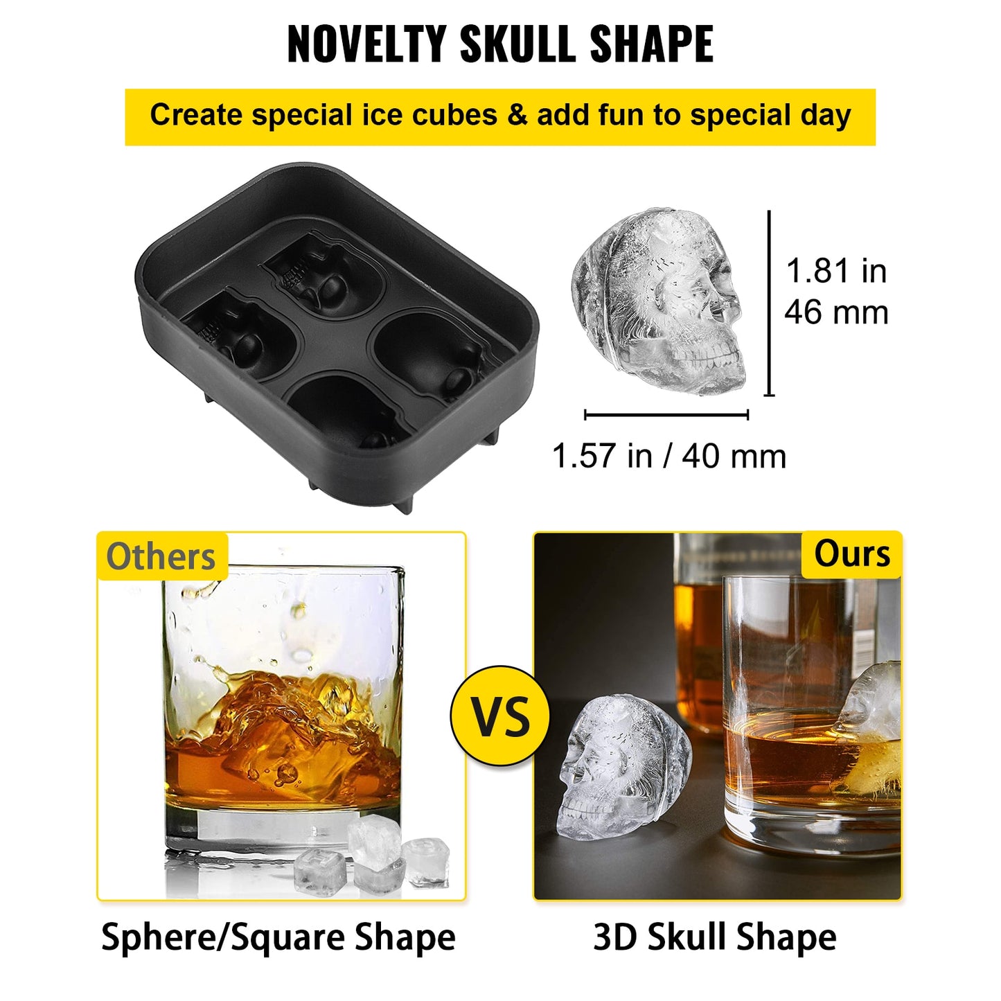 Ice Cube Maker Black Silicone 4/6 3D Skull Shape For Ice Chocolate