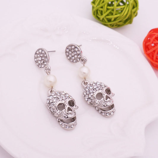 Skull Earrings With Stones And Pearl