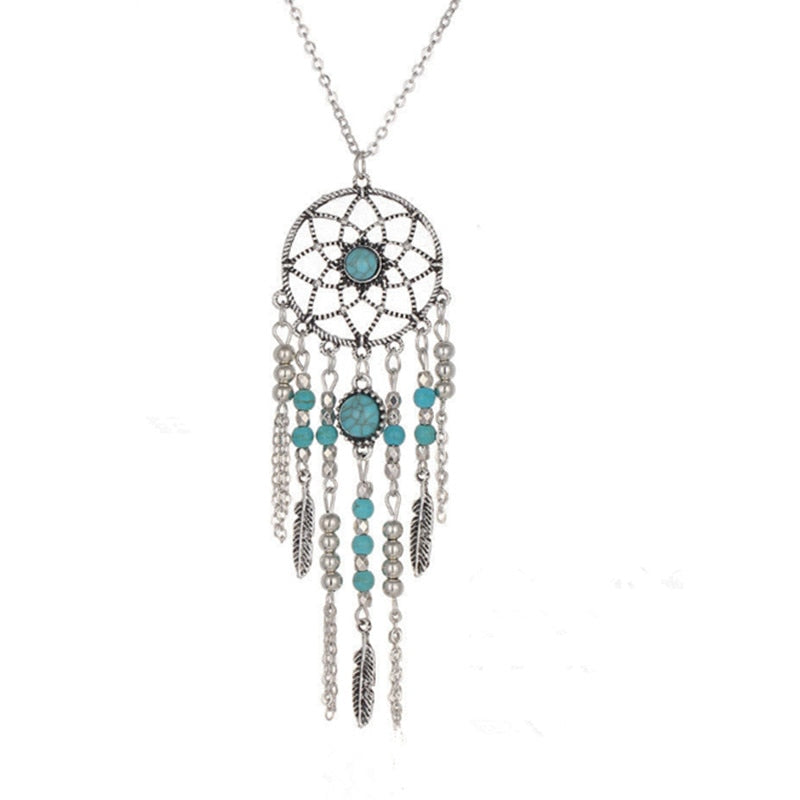Turquoise Feather Native Dream Catcher Necklace