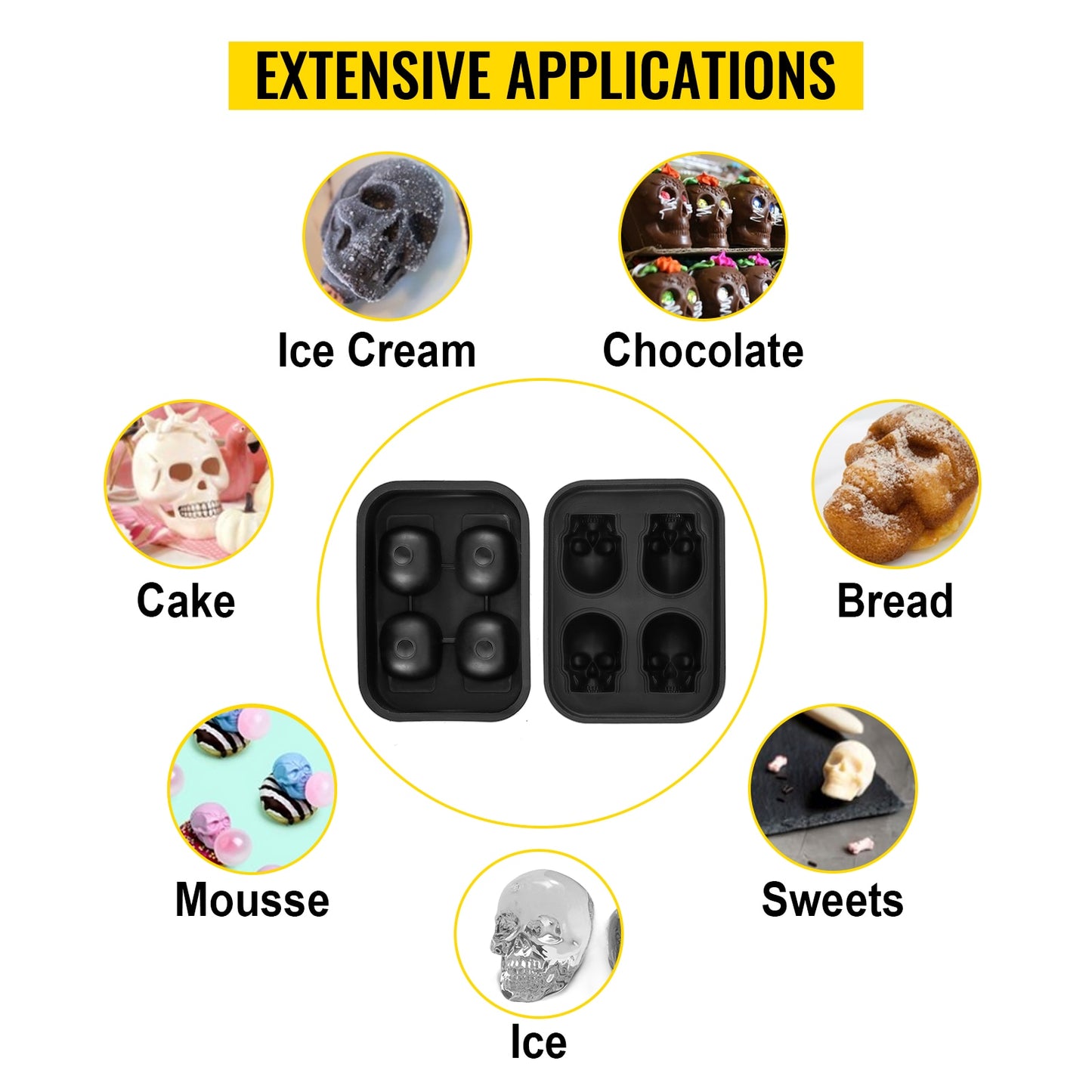 Ice Cube Maker Black Silicone 4/6 3D Skull Shape For Ice Chocolate