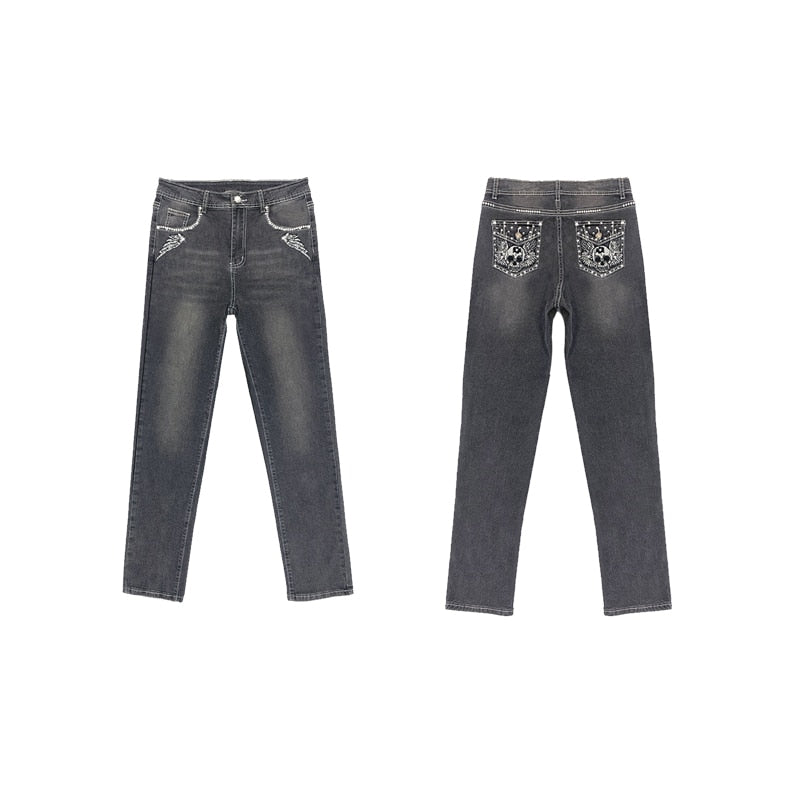 High Waist Women Jeans Skull