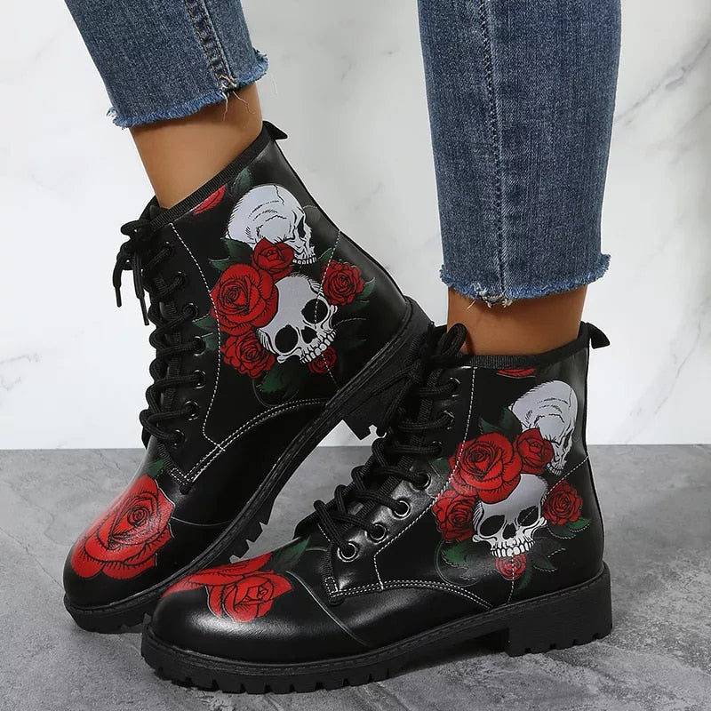 Women Skull Rose Boots