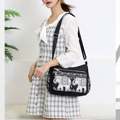 Elephant Print Nylon Canvas Shoulder Bag