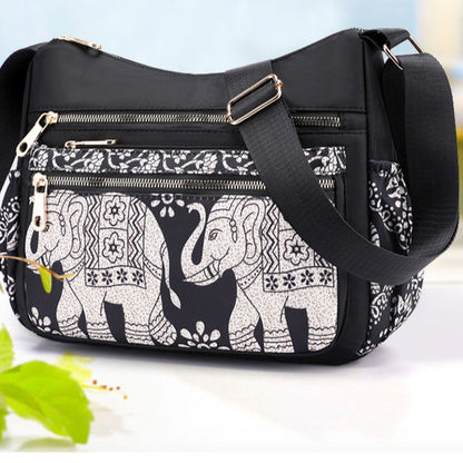 Elephant Print Nylon Canvas Shoulder Bag