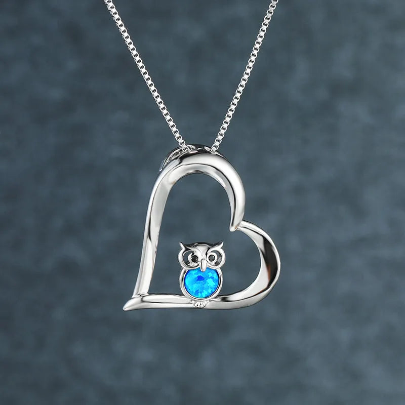 Owl Blue Opal Hollow Heart Pendant Necklace