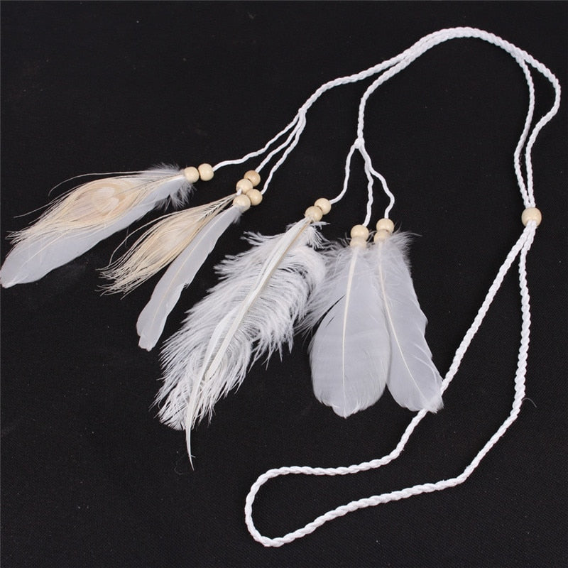 Native White Feather Hair Rope Headband