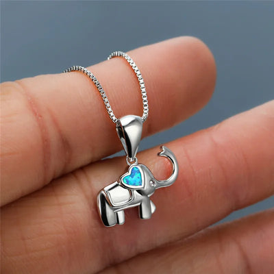 Elephant Heart White Blue Opal Pendant Necklace