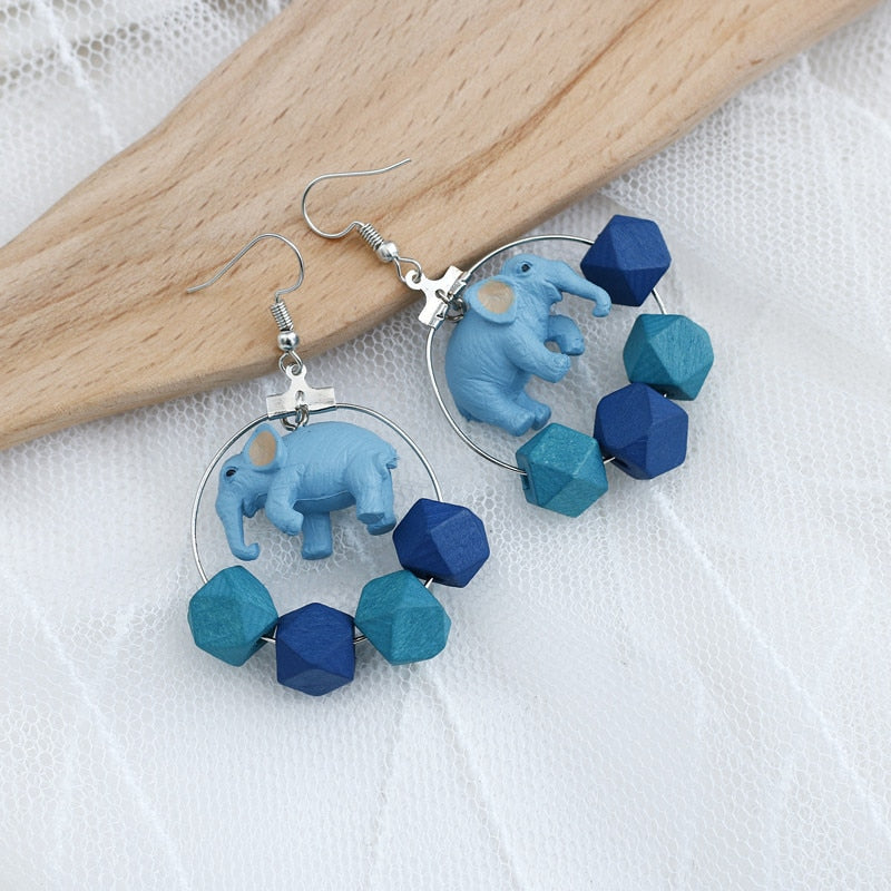 Elephant Wooden Bead Blue Earrings