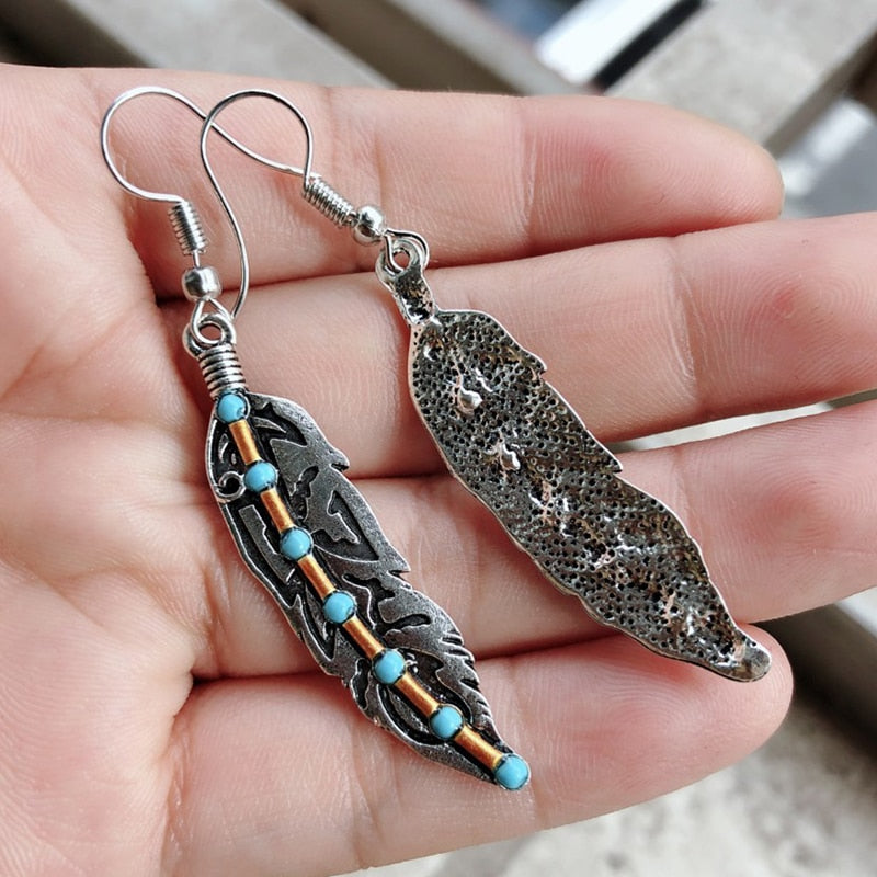 Native Vintage Metal Leaf Feather Long Dangle Earrings Silver Color Hook