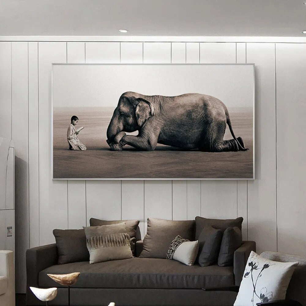 Elephant And Little Boy Painting Canvas