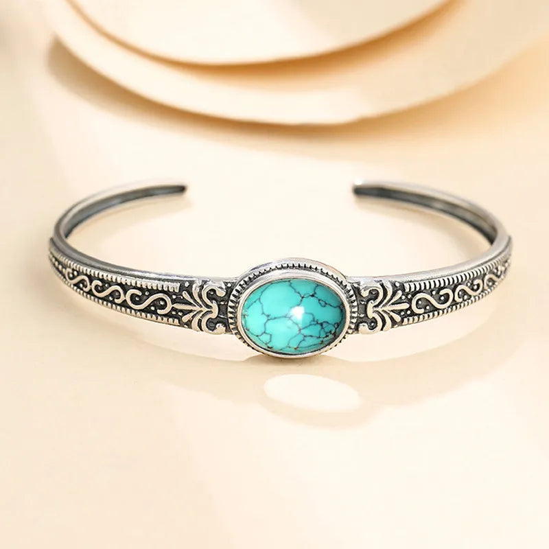 Native Silver Color Open Bracelet Blue Crack Stone