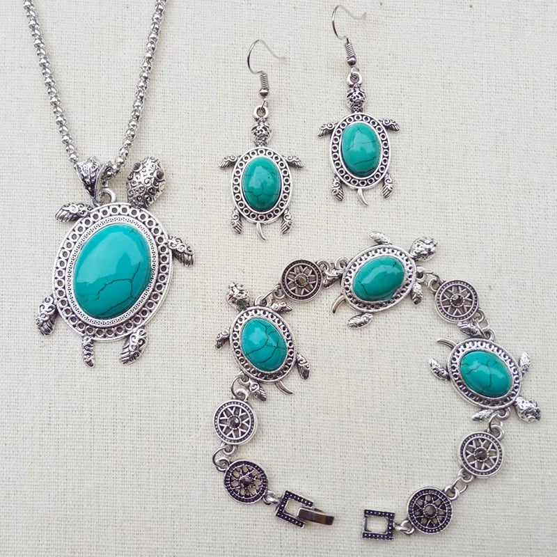 Native Turtle & Owl Necklace Earring Bracelet Set