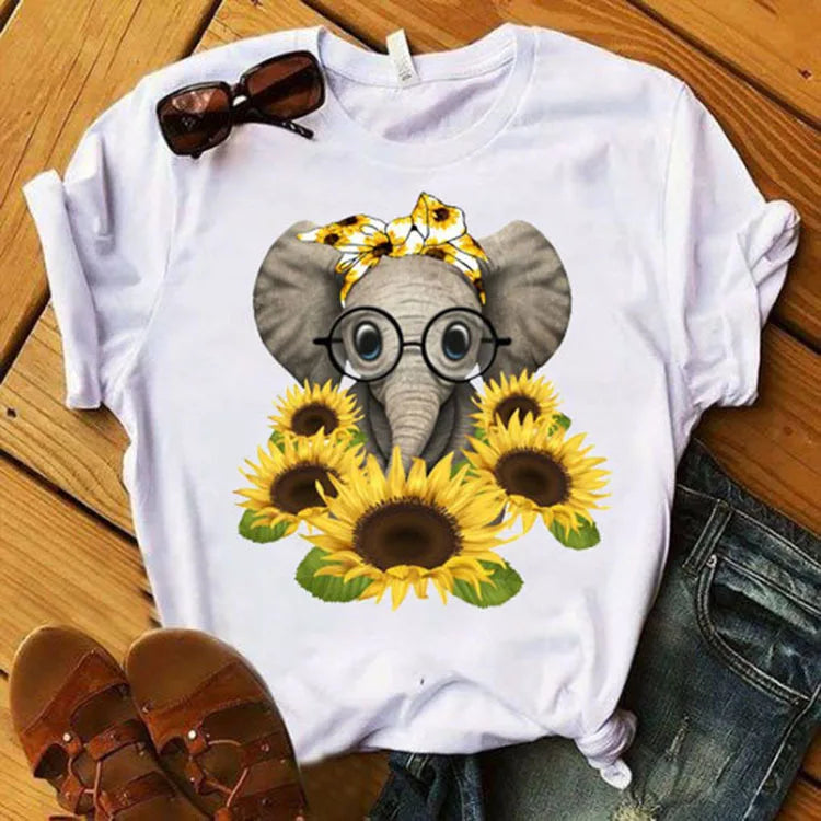 Elephant Cartoon Sunflower Print T Shirt Short Sleeve O Neck