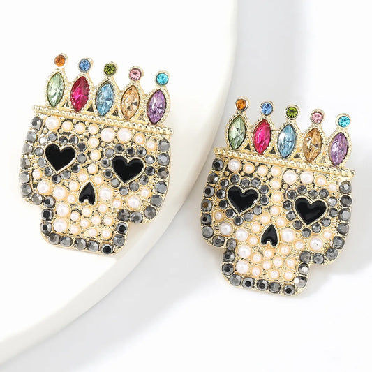 Skull Stud Earrings Colorful Rhinestone