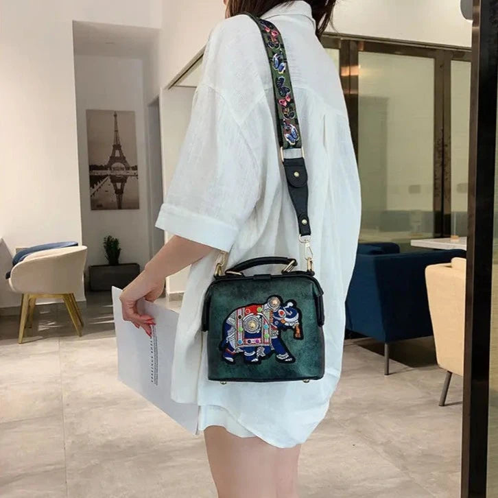 Elephant Embroidered Bags Crossbody Leather Handbag