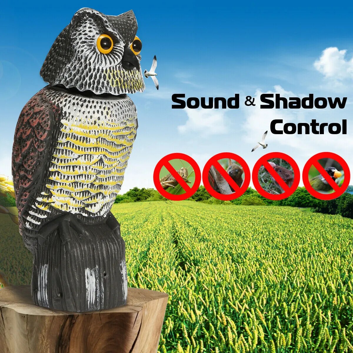 Owl Statue Scare Bird Rotating Head Sound Protection