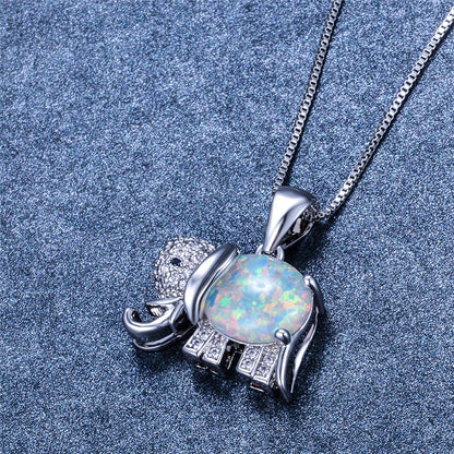 White Blue Fire Opal Elephant Necklace