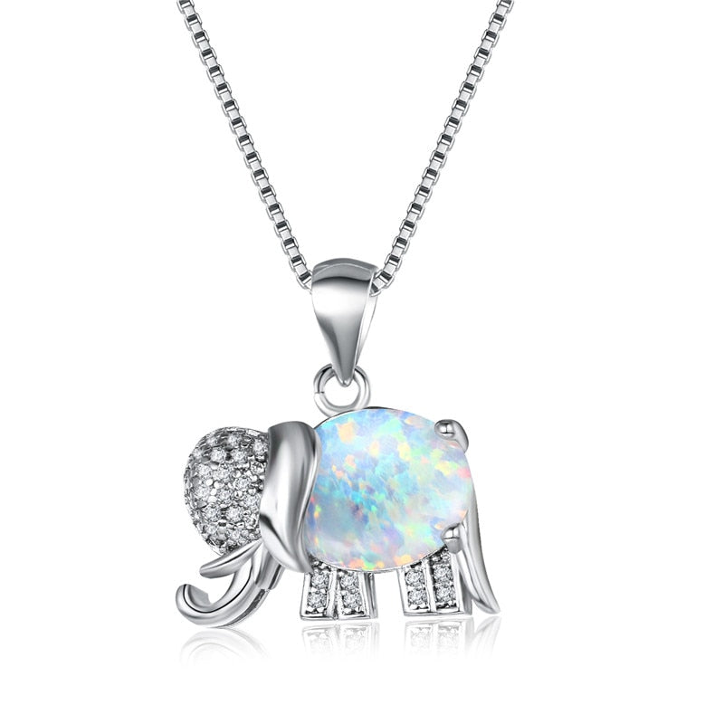 White Blue Fire Opal Elephant Necklace