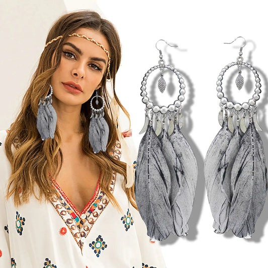 Native Long Feather Dangle Hoop Earrings