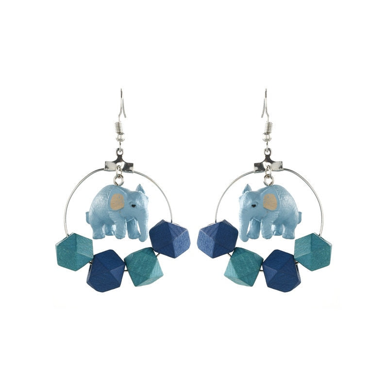 Elephant Wooden Bead Blue Earrings