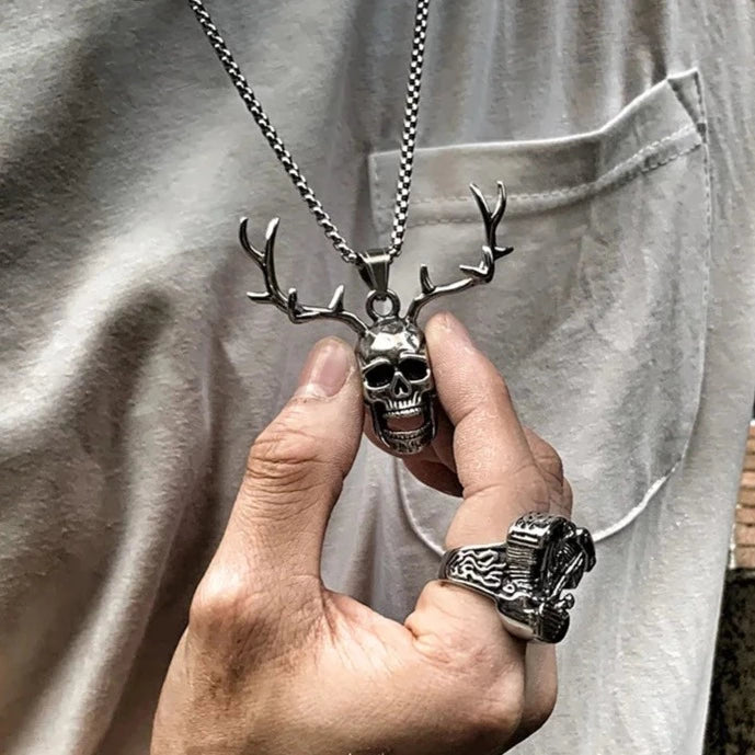 Skull Antlers Pendant Necklace Stainless Steel