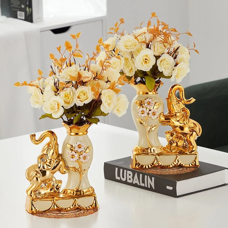 Ceramic Golden Elephant Vase Home Decoration