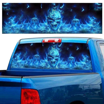Blue Flaming Skull 3D Rear Windshield Decal Sticker